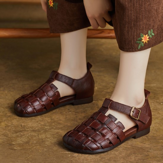 Women's Handmade Leather Woven Casual Closed Toe Buckle Sandals