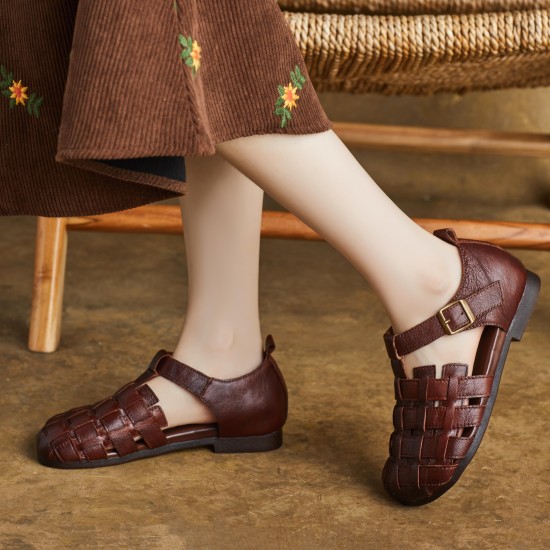 Women's Handmade Leather Woven Casual Closed Toe Buckle Sandals