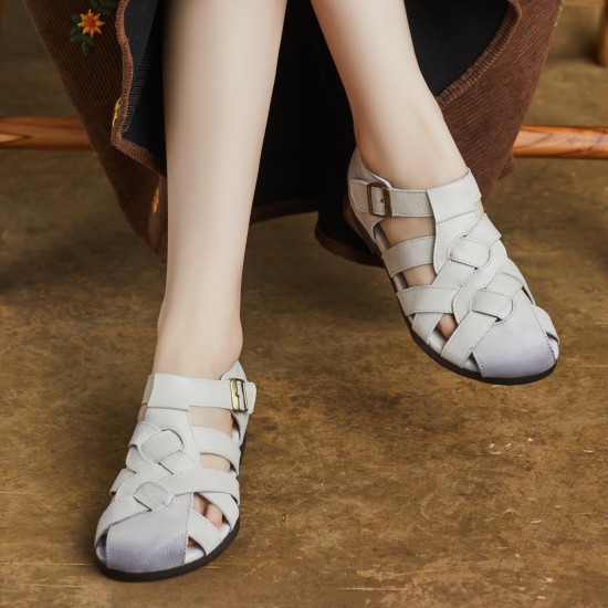 Women Handmade Leather Closed Toe Flat Comfort Buckle Fisherman Shoes Sandals