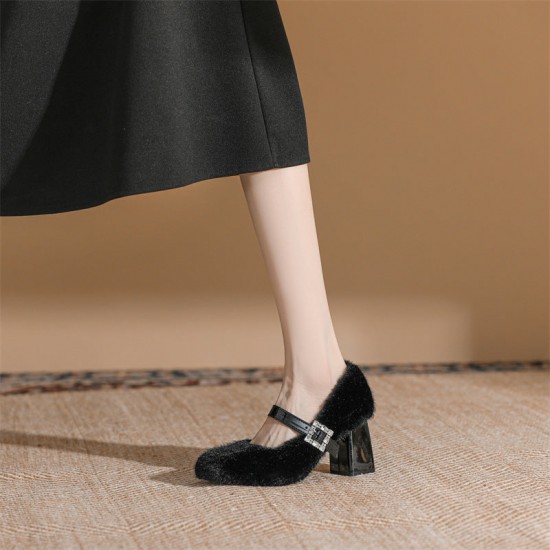 Plush Rhinestone Buckle Women's Chunky High Heels