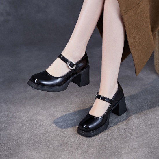 Women's Black Leather Chunky Heel Mary Jane Shoes