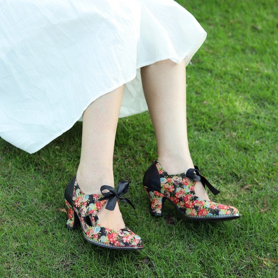 Handmade Bow Flower Vintage Cone Heel Women's Shoes