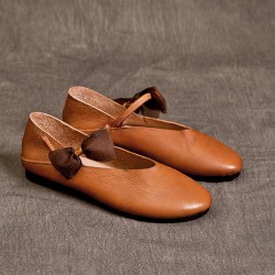 Womens Handmade Bow Comfort Pointed Toe Cowhide Leather Flats