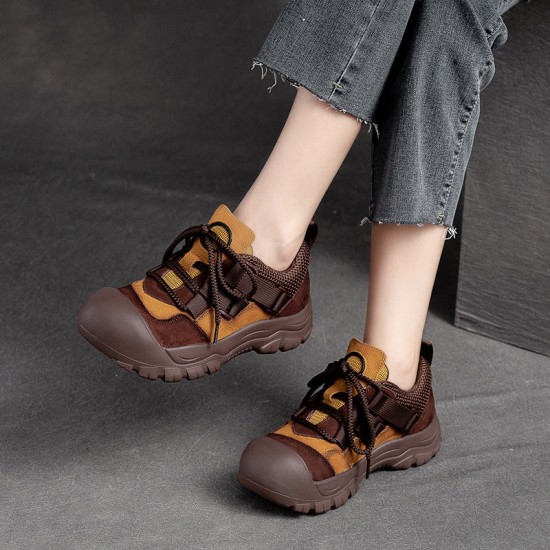 Women's Leather Colorblocking Big Head Lace Up Platform Casual Shoes
