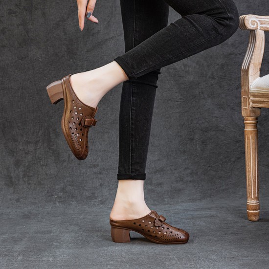 Women's Leather Bowknot Hollow Out Mid Heel Block Mule Shoes