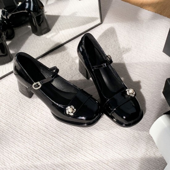 Patent Leather Pearl Rhinestone Embellished High Heeled Mary Jane Women's Shoes