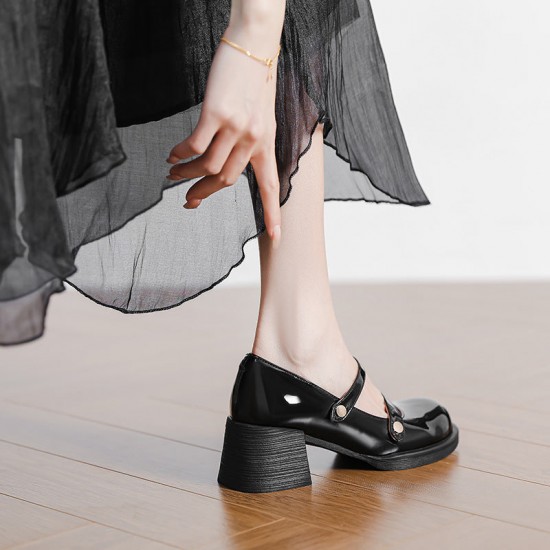 Women's Patent Leather Low Chunky Block Heel Buckle Strap Mary Jane Pumps