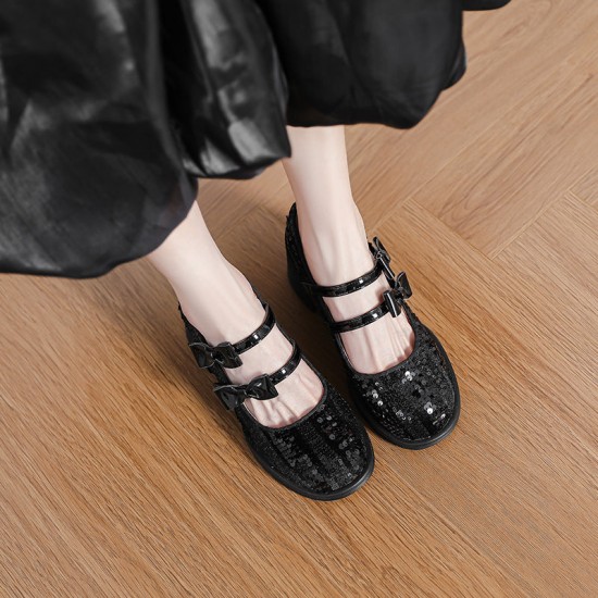 Cute Sequins Square Heel Bow Embellished Mary Jane Women's Shoes