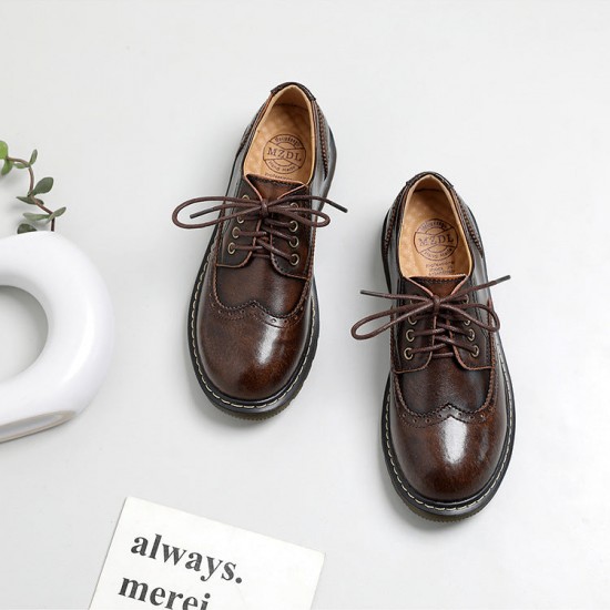 Vintage Oxford Loafers Brogues Leather Women's Lace Up Casual Flats Shoes