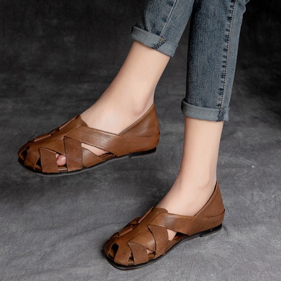 Women's Handmade Leather Retro Weaving Round Toe Summer Flat Sandals