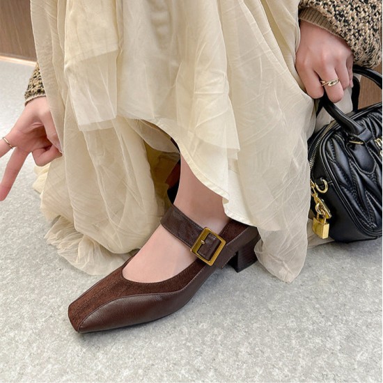 Womens Square Toe Patchwork Chic Mid Heel Wide Strap Buckle Mary Jane Shoes
