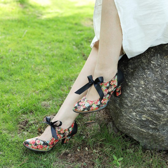 Handmade Bow Flower Vintage Cone Heel Women's Shoes