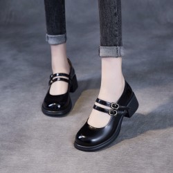 Double Buckle Leather Square Heel Mary Jane Women's Shoes