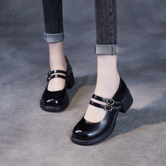 Double Buckle Leather Square Heel Mary Jane Women's Shoes