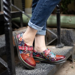 Leather Colorful Flower Patchwork Flat Vintage Boho Brogues Women's Shoes