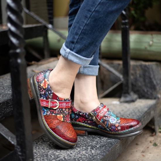Leather Colorful Flower Patchwork Flat Vintage Boho Brogues Women's Shoes