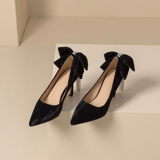 Women's Thin High Heel Bow Rhinestone Tassel Prom Party Pumps