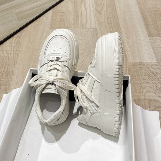Women's Leather Thick Sole White Lace Up Casual Tennis Shoes