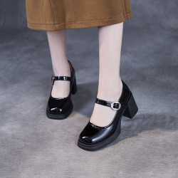 Women's Black Leather Chunky Heel Mary Jane Shoes