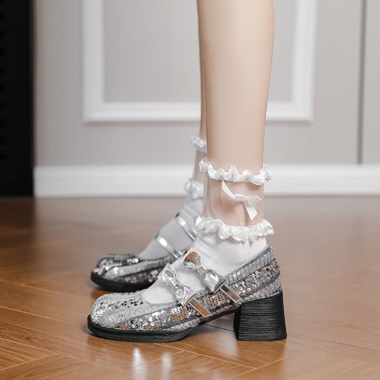 Cute Sequins Square Heel Bow Embellished Mary Jane Women's Shoes