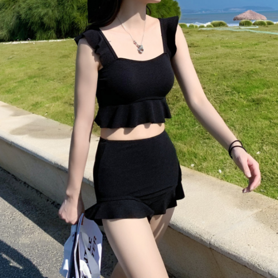 Swimwear Ruffles Solid Backless Korean Style Students High Waist Swimsuit