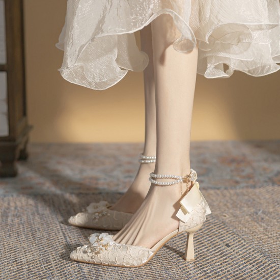 Women's Pearl Flower Decoration Fine High Heels