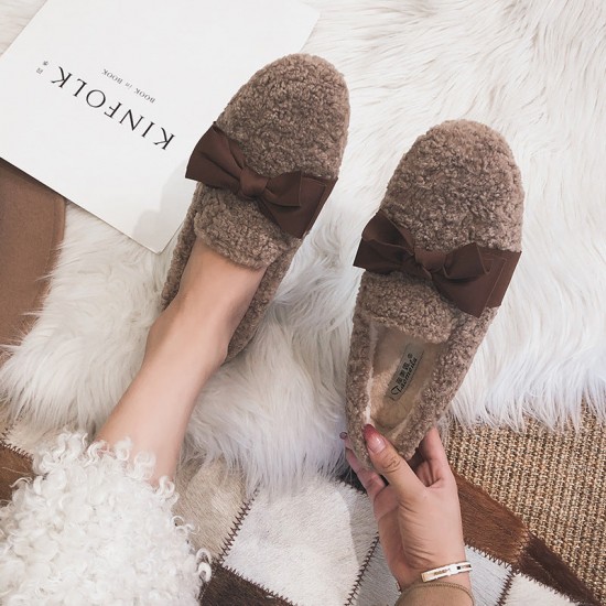 Women Faux-Fur Loafers Bow Winter Warm & Soft Plush Shoes