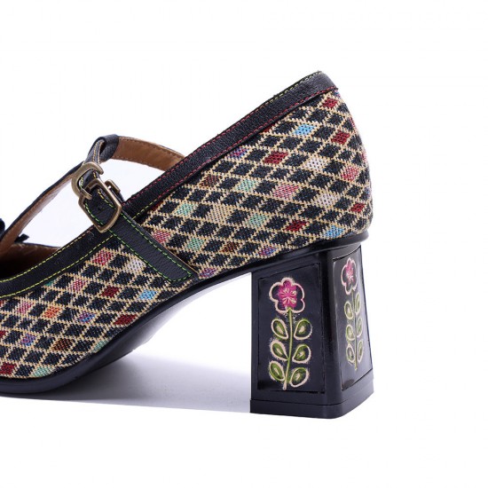 Women's Vintage T-strap Plaid Patchwork Floral Mary Jane High Heels