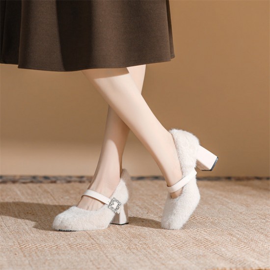 Plush Rhinestone Buckle Women's Chunky High Heels