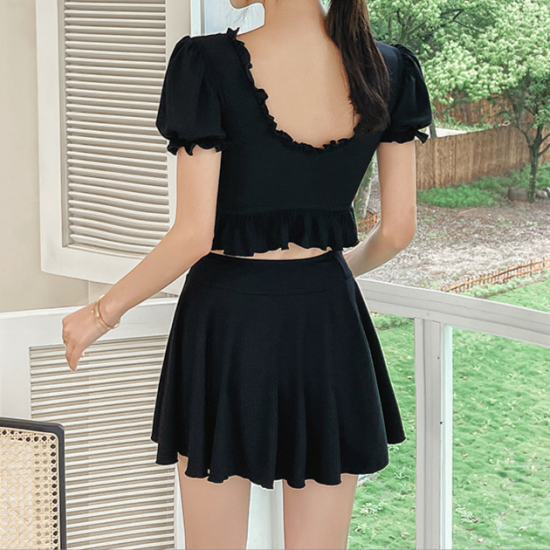 Two-piece Swimsuit Ruffled Black Top and Skirt Set Bathing Suit Lace-up Swimwear