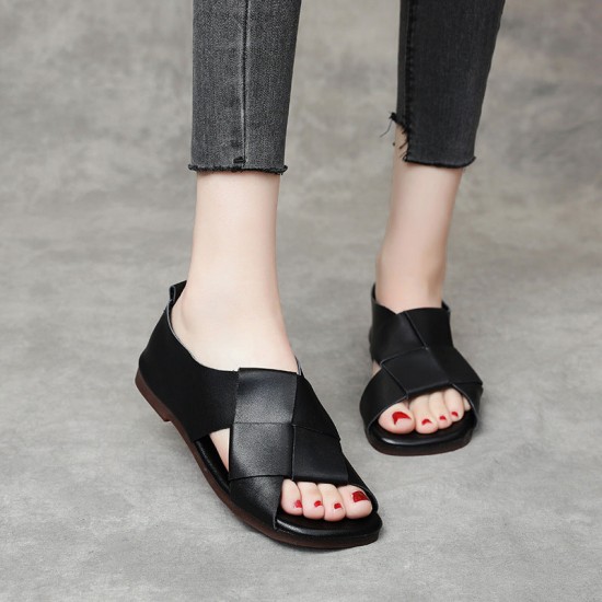 Women's Handmade Leather Open Toe Slip-On Flat Sandals