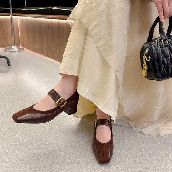 Womens Square Toe Patchwork Chic Mid Heel Wide Strap Buckle Mary Jane Shoes
