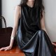 Womens Drape A-line Sleeveless PU Long Dress