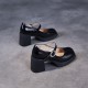 Women's Black Leather Chunky Heel Mary Jane Shoes