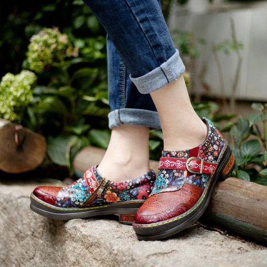 Leather Colorful Flower Patchwork Flat Vintage Boho Brogues Women's Shoes