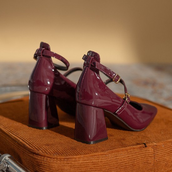 Aesthetic Patent Leather High Heel Square Toe Chunky Heel Women's Shoes