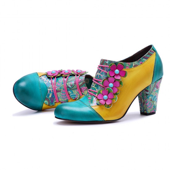 Leather Colorful Patchwork Flower Decoration Block Heel Women's Shoes
