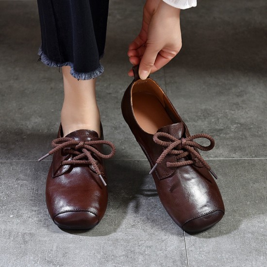 Genuine Leather Square Toe Retro Lace Up Flats Women's Shoes