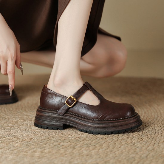 T-Buckle Platform Leather Comfortable Low Heel Women's Shoes