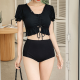 Two-piece Swimsuit Ruffled Black Top and Skirt Set Bathing Suit Lace-up Swimwear