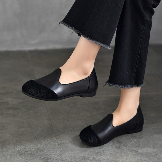 Vintage Literary Handmade Leather Round Toe Patchwork Flat Shoes Women's Shoes