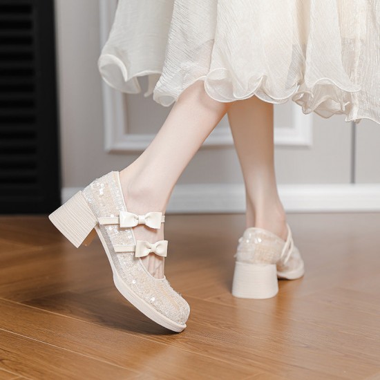 Cute Sequins Square Heel Bow Embellished Mary Jane Women's Shoes