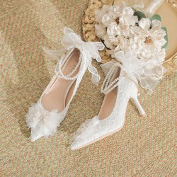 Lace Bow White High Heels Pearl Chain Wedding Party Women's Shoes