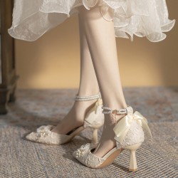 Women's Pearl Flower Decoration Fine High Heels