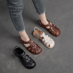 Women's Closed Toe Leather Flat Fisherman Shoes Sandals