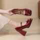 Patent leather Rhinestone Bow Decoration Square Toe Chunky Heel Women's Shoes