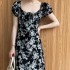 Vintage Floral Square Neck Drawstring Tie Dress