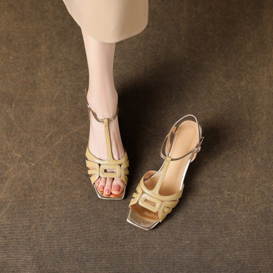 Women's Handmade Mid-heel Open Square Toe Leather Sandals