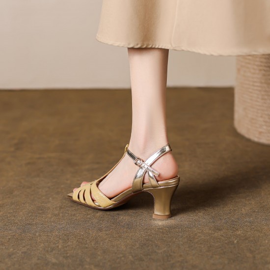 Women's Handmade Mid-heel Open Square Toe Leather Sandals