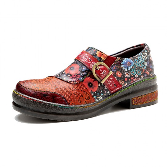 Leather Colorful Flower Patchwork Flat Vintage Boho Brogues Women's Shoes